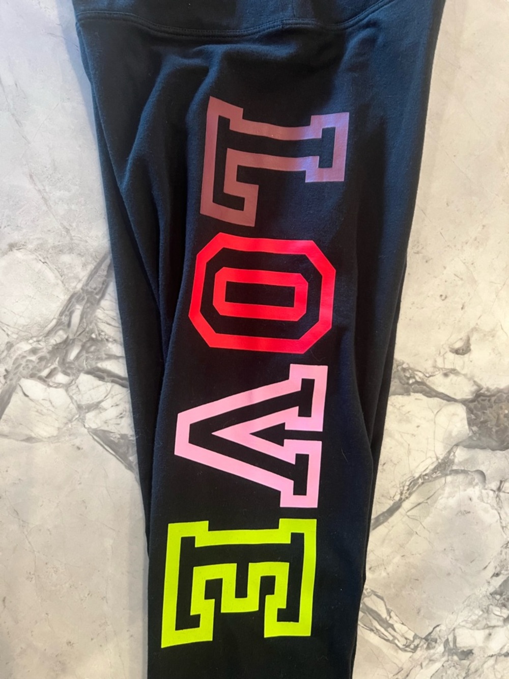 PINK Victoria's Secret Black Leggings with Multicolor LOVE Blocks